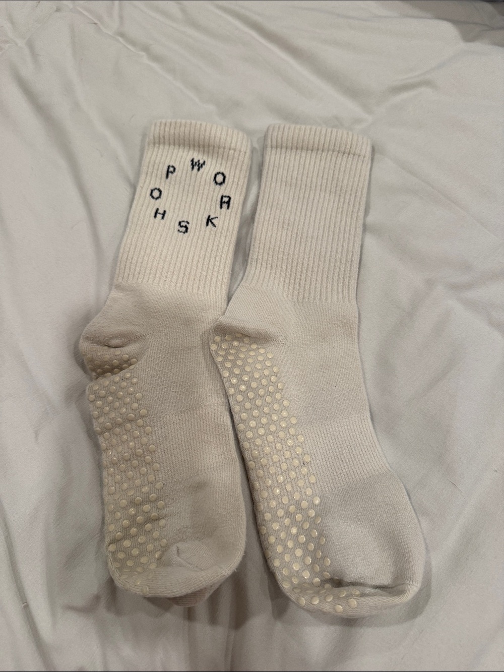 Cream Pilates Crew Socks w/ Subtle Lettering - Picture 2 of 2